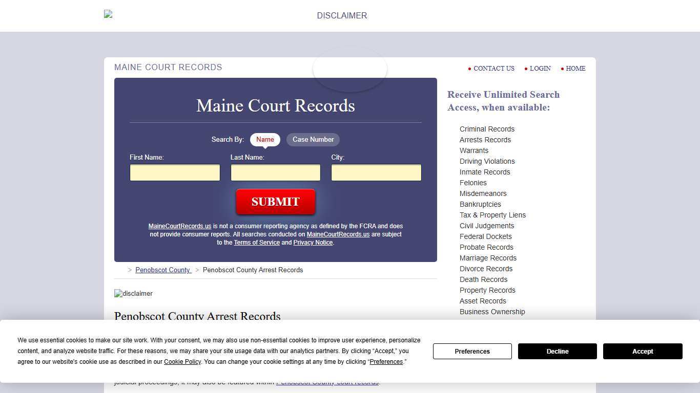 Penobscot County Arrest Records MaineCourtRecords.us
